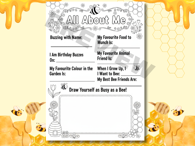 World Bee Day All About Me Worksheet | Bee-Themed Colouring Activity | EYFS & KS1