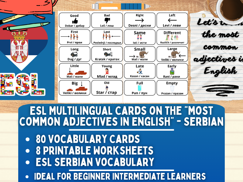 ESL Multilingual Vocabulry Flashcards - Most Common Adjectives - Serbian
