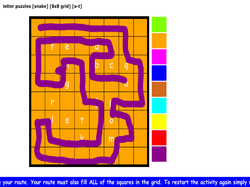 letter puzzles [snake] [8x8 grid] [a-t] [1]