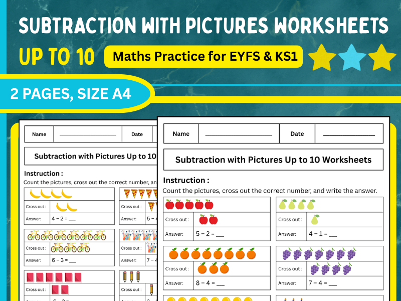 Subtraction with Pictures Worksheets Up to 10 – Maths Practice for EYFS & KS1