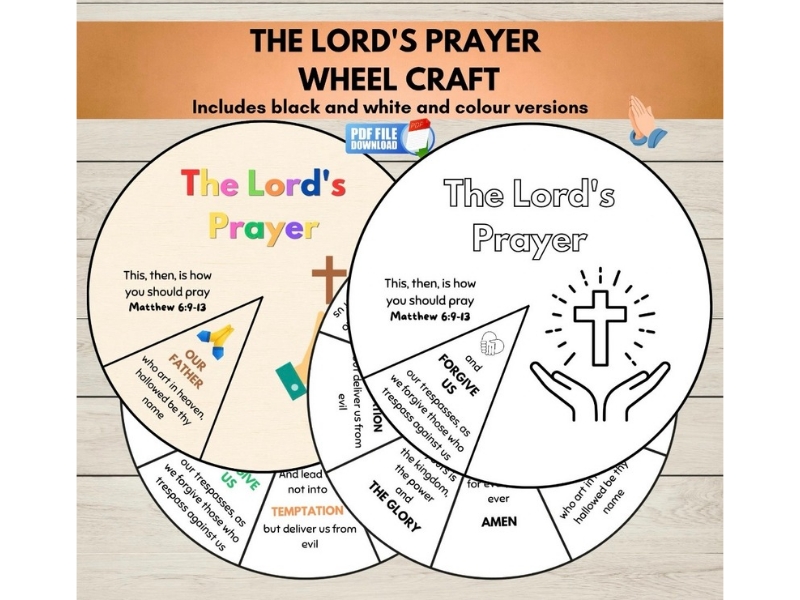 The Lord's Prayer Coloring Wheel Craft, Sunday School Activity, Bible Printable