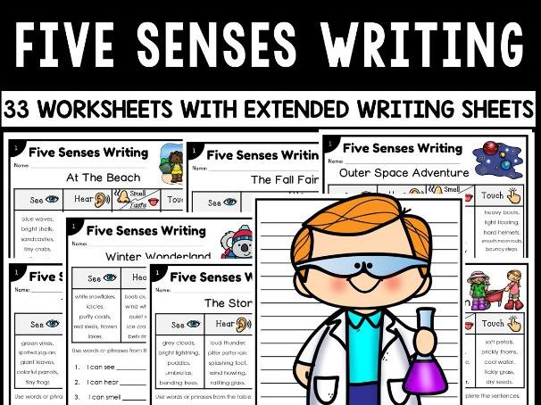 5 Senses Descriptive Writing: 30 Theme Sentence Stem Bundle (K-G2)