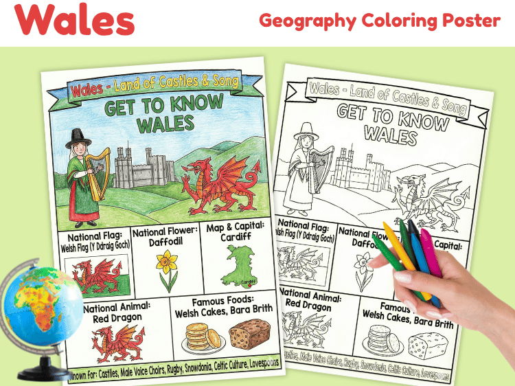 Wales Geography Coloring Poster | Country Facts & Symbols