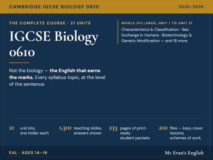 IGCSE Biology 0610 COMPLETE COURSE: 21 EAL Unit Kits