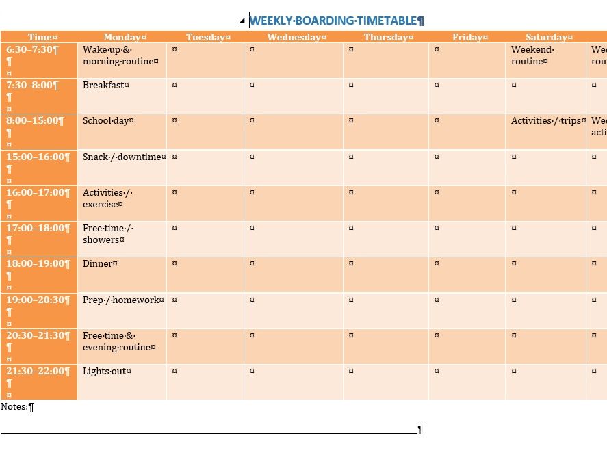 Weekly Boarding Timetable Template