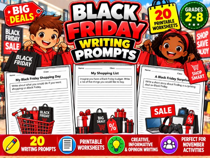 Black Friday Writing Prompts | 20 Printable Worksheets | Grades 2–8