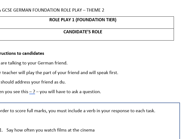 AQA German GCSE Role Play 2026 Celebrity Culture