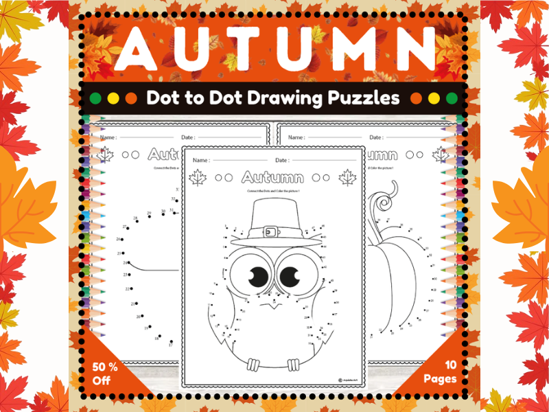 Fall Dot to Dot Drawing Activity Printables : Autumn Connect the Dots Worksheets