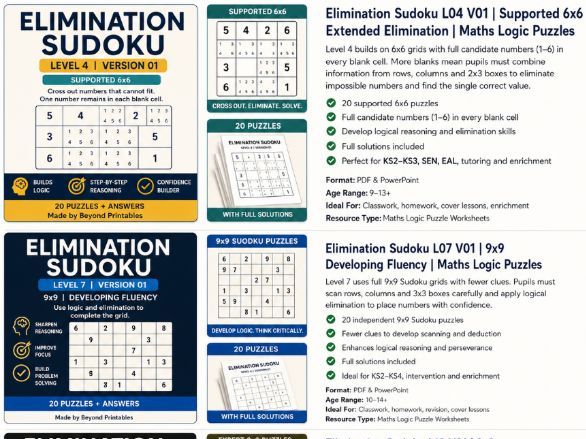 Elimination Sudoku Level 4 V1 | 20 Supported 6×6 Logic Puzzles with Answers