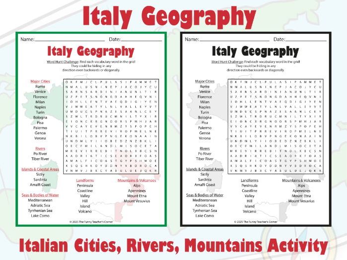 Italy Geography Word Search Puzzle | Italian Cities, Rivers, Mountains Activity