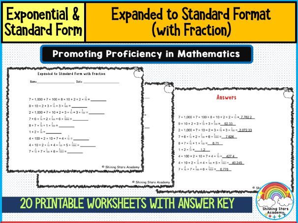 Expanded Format to Standard Format with Fraction Worksheets | Writing Numbers & Fractions in Standar