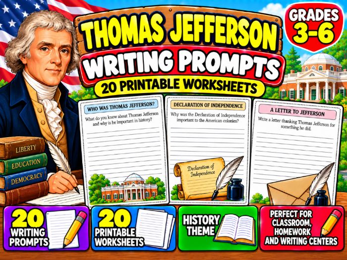 Thomas Jefferson Writing Prompts | 20 Printable Worksheets