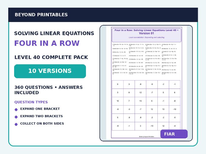 Solving Linear Equations Four in a Row | Expanding & Collecting Equations : Level 40 | 10-Version Ma