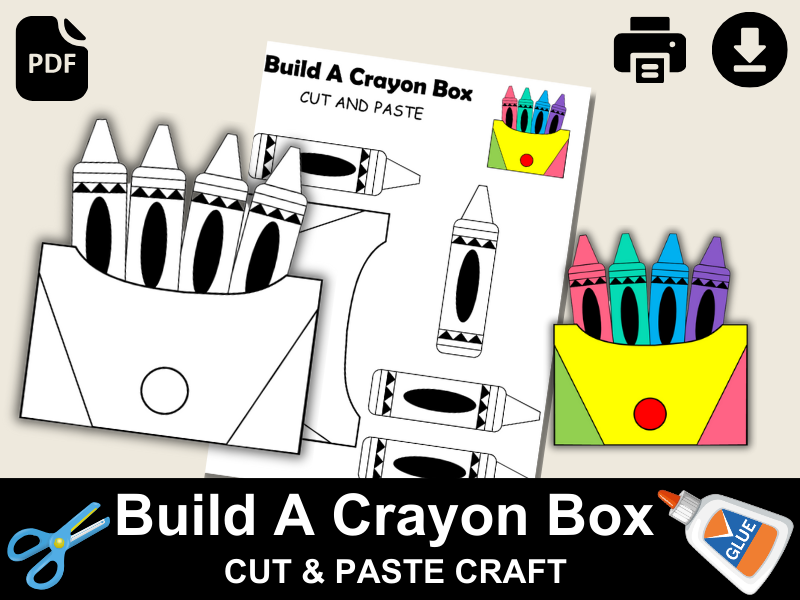 Crayon Box Paper Craft for Kids | School Tools Worksheet | Cut and Glue Printable Coloring Page PDF