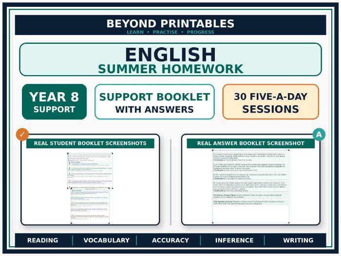 English Summer Homework Booklet Year 8 – Support | 30 Five-a-Day Sessions with Answers