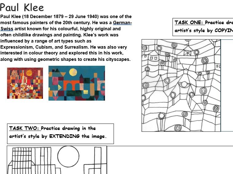 Art and Design - Cover Worksheets/Skills Recall. Paul Klee landscapes theme.