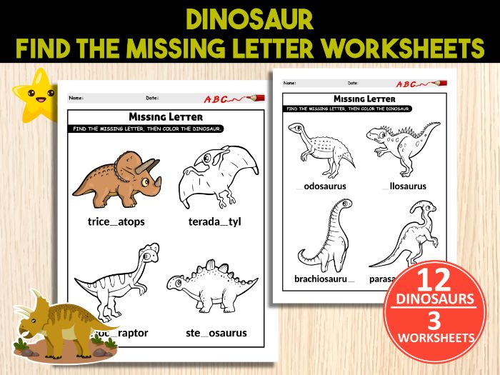 Dinosaur Fill in the Missing Letter Worksheets | Writing Alphabet Activity