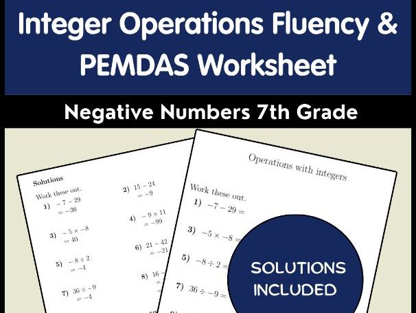 Integer Operations Fluency & PEMDAS Worksheet | Negative Numbers 7th Grade