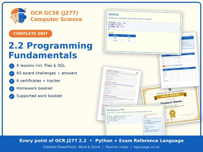 OCR J277 Computer Science 2.2 Programming Fundamentals Unit