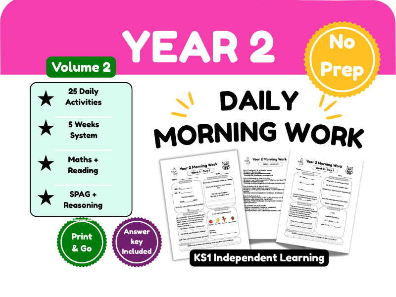 Year 2 Daily Morning Work Volume 2 | 25 No-Prep Maths, English, Grammar & Reading Activities | KS1