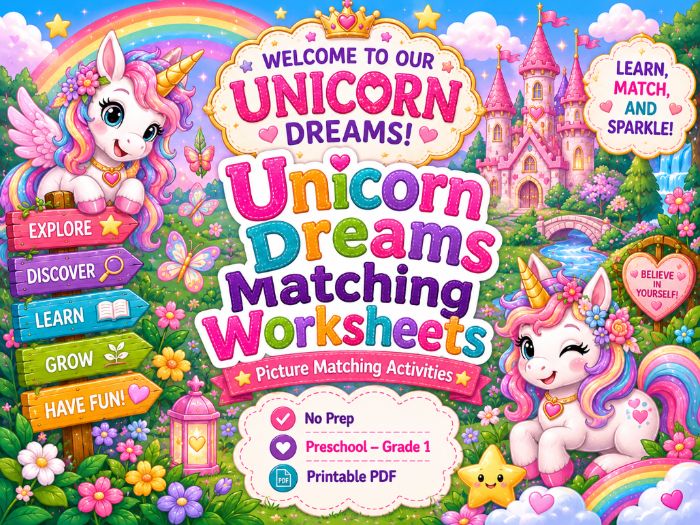 Unicorn Matching Worksheets | Preschool Kindergarten 1st Grade Math & Literacy