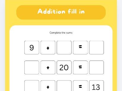 Addition fill in the blacks - numbers 1 - 20