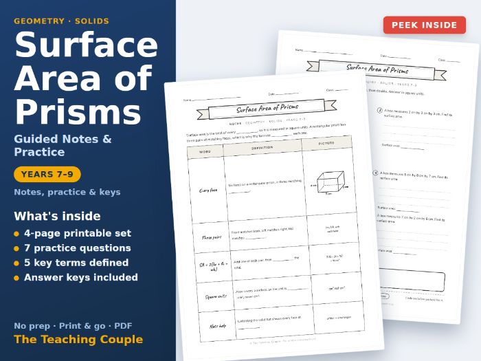 Surface Area of Prisms Guided Notes & Practice + Answer Keys