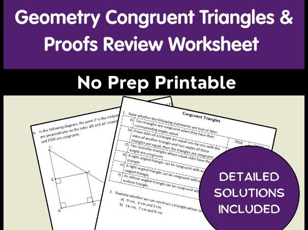 Geometry Congruent Triangles & Proofs Review Worksheet - No Prep Printable