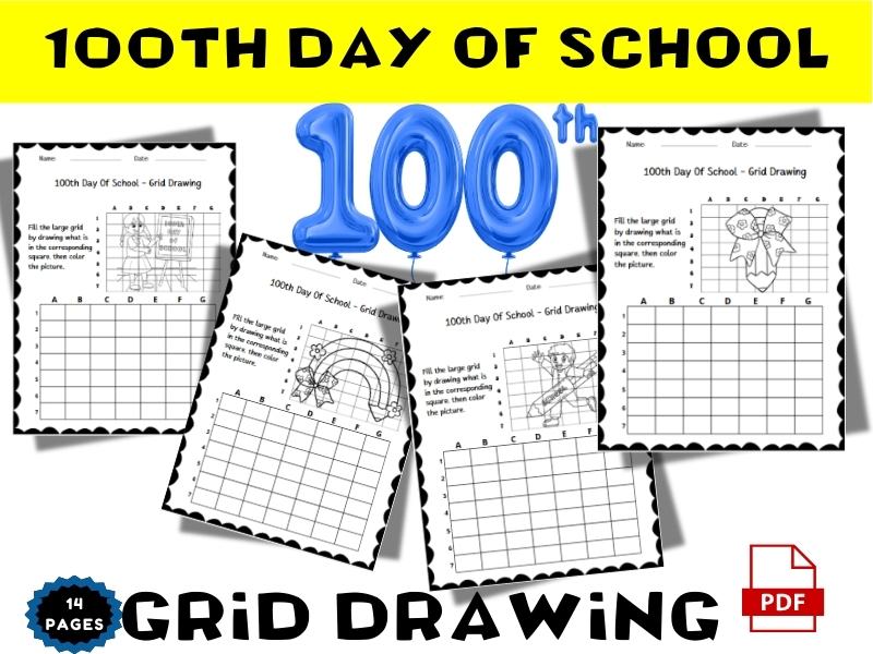 100th Day of School Grid Drawing - Practice Drawing and Coloring Sheets