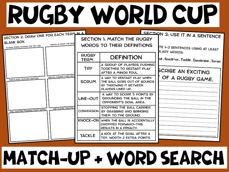 Rugby World Cup KS2 Vocabulary, Word Search & Match-Up Activity Pack – Literacy & Comprehension