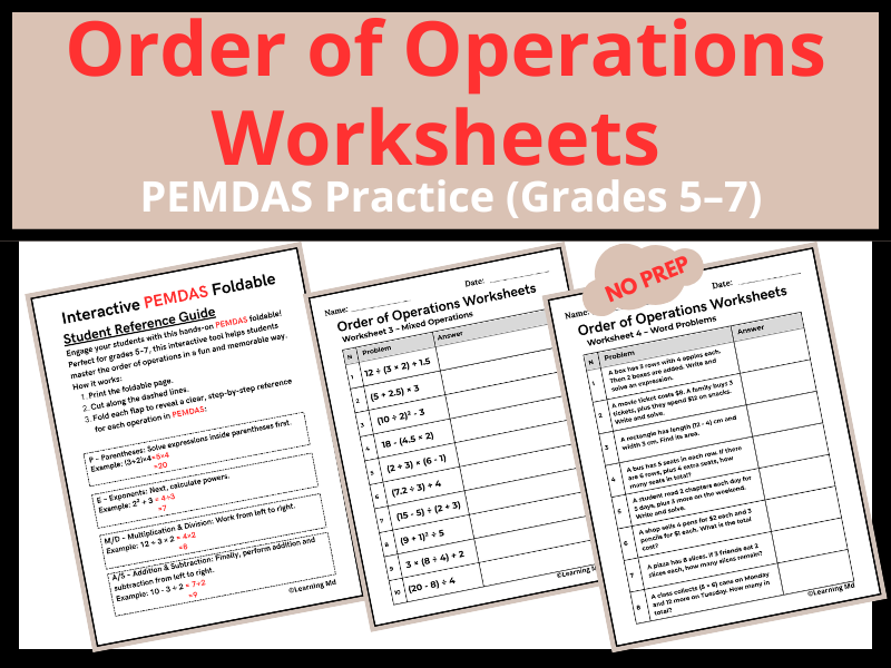 Order of Operations Worksheets & PEMDAS Foldable (Grades 5–7)