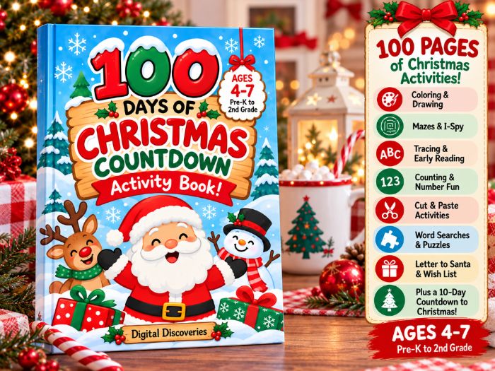 Christmas Activity Book – 100 Festive Worksheets, Puzzles, Coloring & Countdown Activities | K-2