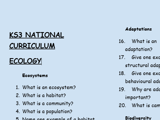 KS3 Science Retrieval Practice – Ecology (30 Questions + Answers)