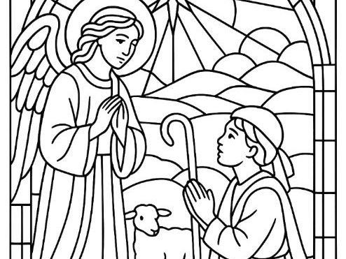 Nativity Christmas Stain Glass Colouring Page of Shepherd Boy and Angel Gabriel