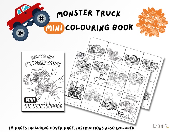 Monster Truck Mini Colouring Book For Children & Adults Art Skills Folding Cutting Fun Printable