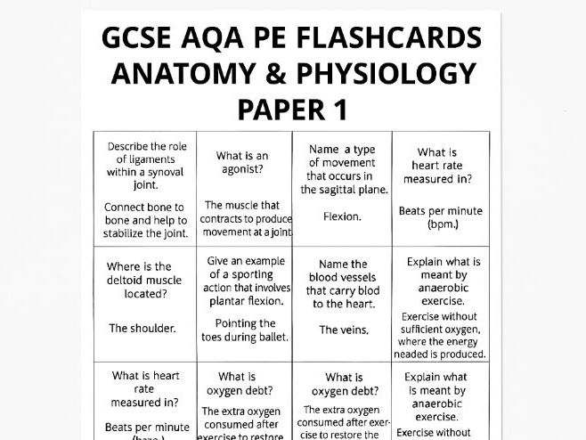 GCSE (AQA) PE - Anatomy and Physiology Revision Flash Cards