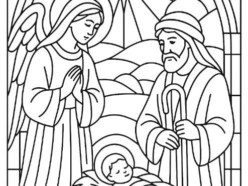 Mary, Joseph + Jesus in Manger Stained Glass Christmas Nativity Colouring Crib