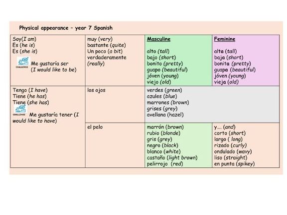 Physical appearance Y7 Spanish 3 lessons