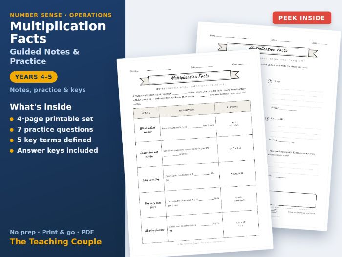 Multiplication Facts Sketch Notes & Practice + Answer Keys