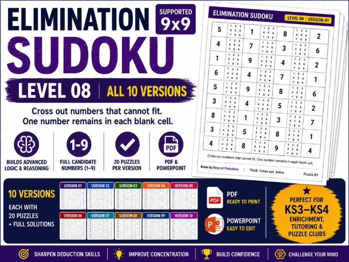 Elimination Sudoku Level 8 Bundle | 10 Versions | 200 Independent 9×9 Logic Puzzles
