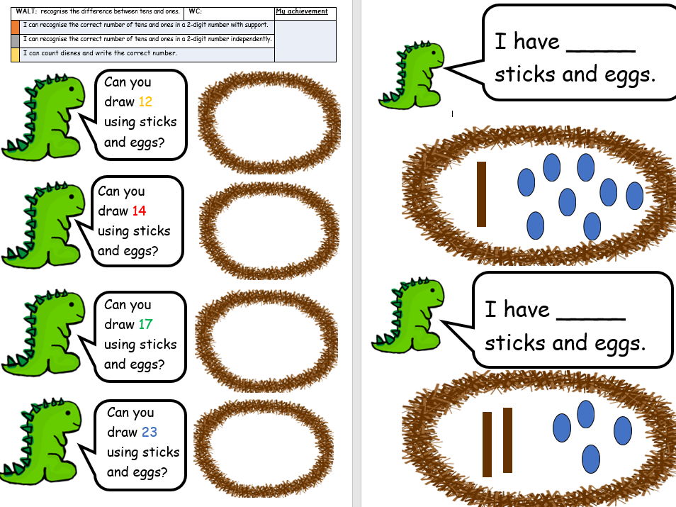 Dinosaur tens and ones worksheet