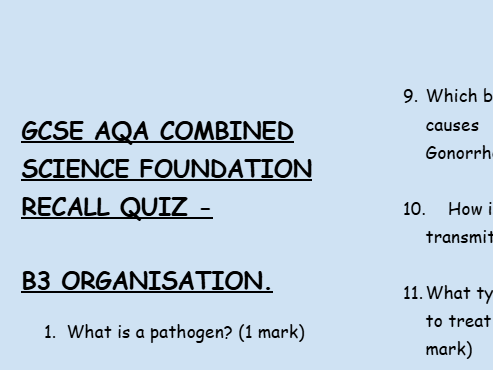 GCSE Biology B3 Infection and Response – 30 Retrieval Questions (Foundation Tier | AQA)