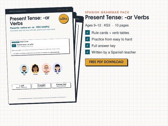 FREE Spanish Present Tense -ar Verbs Worksheet: Rule Card, Practice and Answers (KS3)