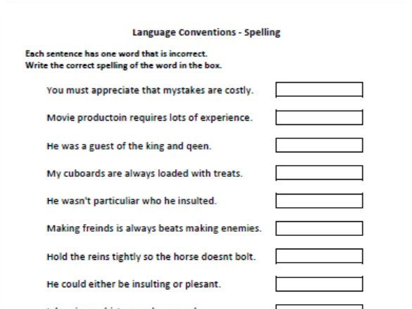 Years 7 and 9 Naplan Practice - Language Conventions - Spelling (Find Mistakes)