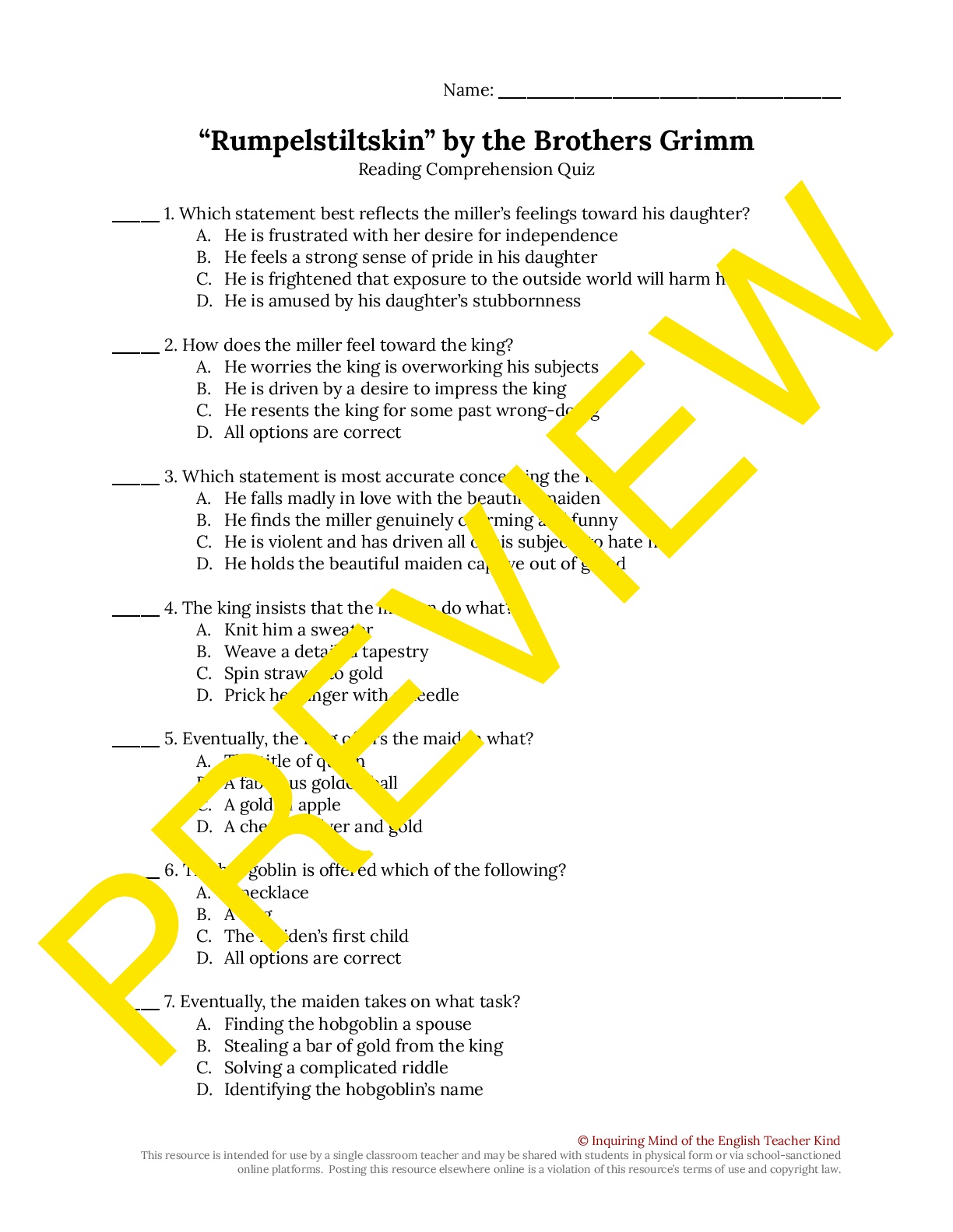 "Rumpelstiltskin" by the Brothers Grimm Quiz Teaching Resources