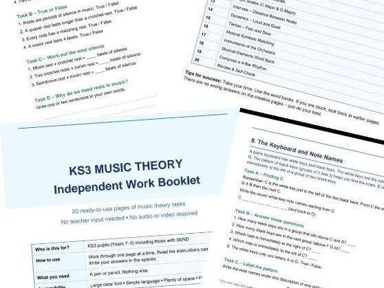 KS3 Music Theory Independent Work Booklet – 20 Pages (SEND Accessible, No Teacher Input)