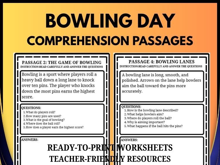 National Bowling Day Reading Comprehension | 20 Passages & Questions | Grades 2–8