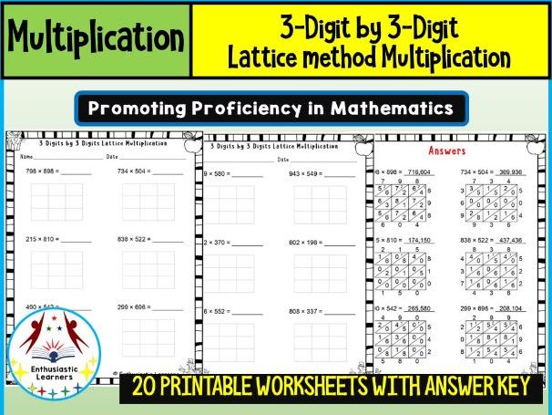 3-Digit by 3-Digit Lattice Multiplication Method Worksheets Math Problems