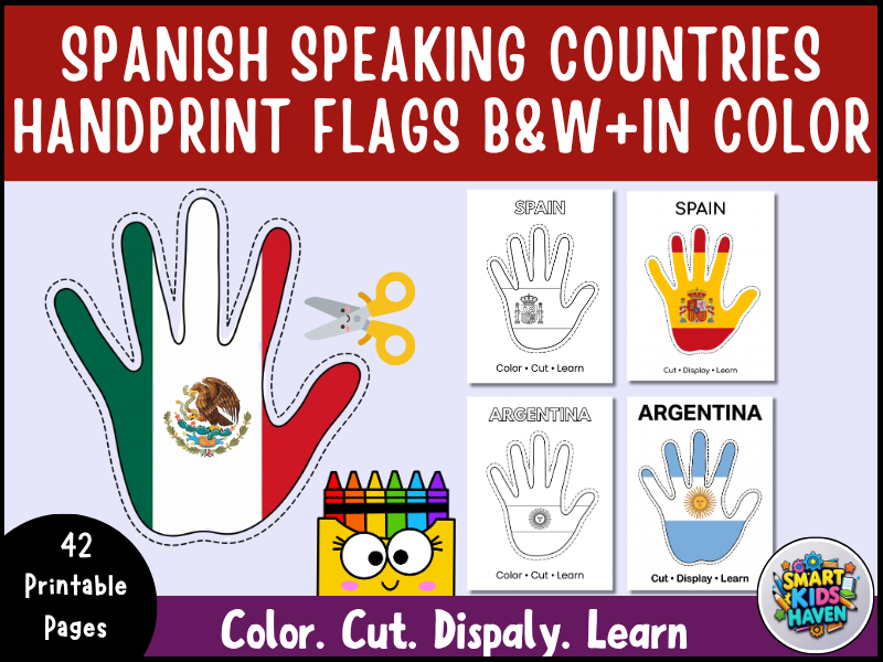 Spanish Speaking Countries Handprint Flags Hispanic Heritage Month Worksheets.