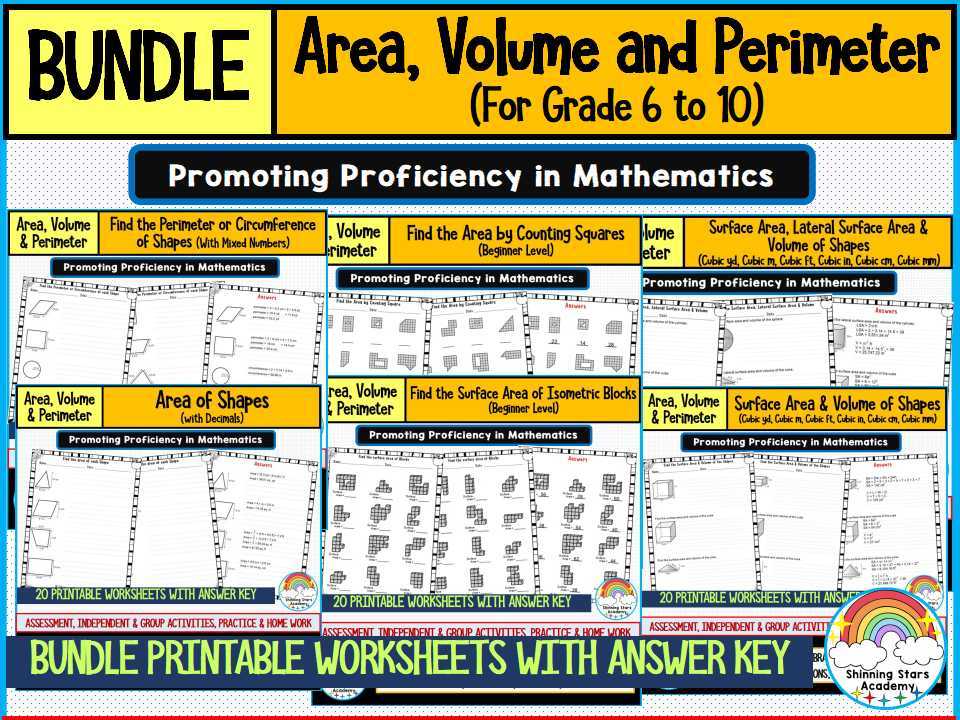 Area, Volume, and Perimeter/Circumference Worksheets Bundle for Grades 6–10